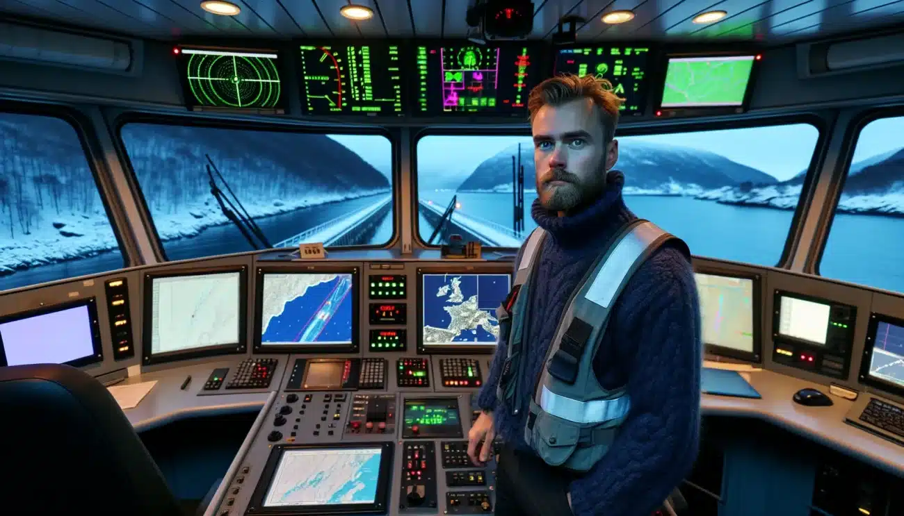 Kaptein pa norsk skip overvaker satellittbaserte kart og trafikk i trang fjord