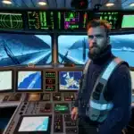 Kaptein pa norsk skip overvaker satellittbaserte kart og trafikk i trang fjord