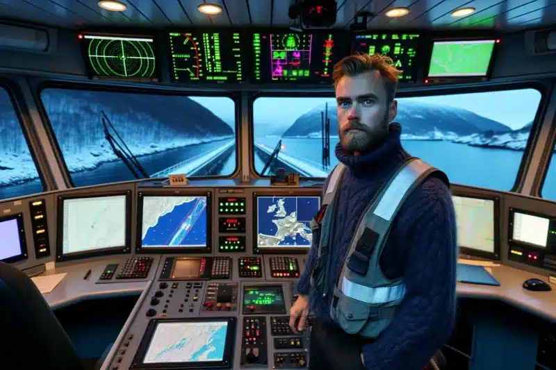 Kaptein pa norsk skip overvaker satellittbaserte kart og trafikk i trang fjord