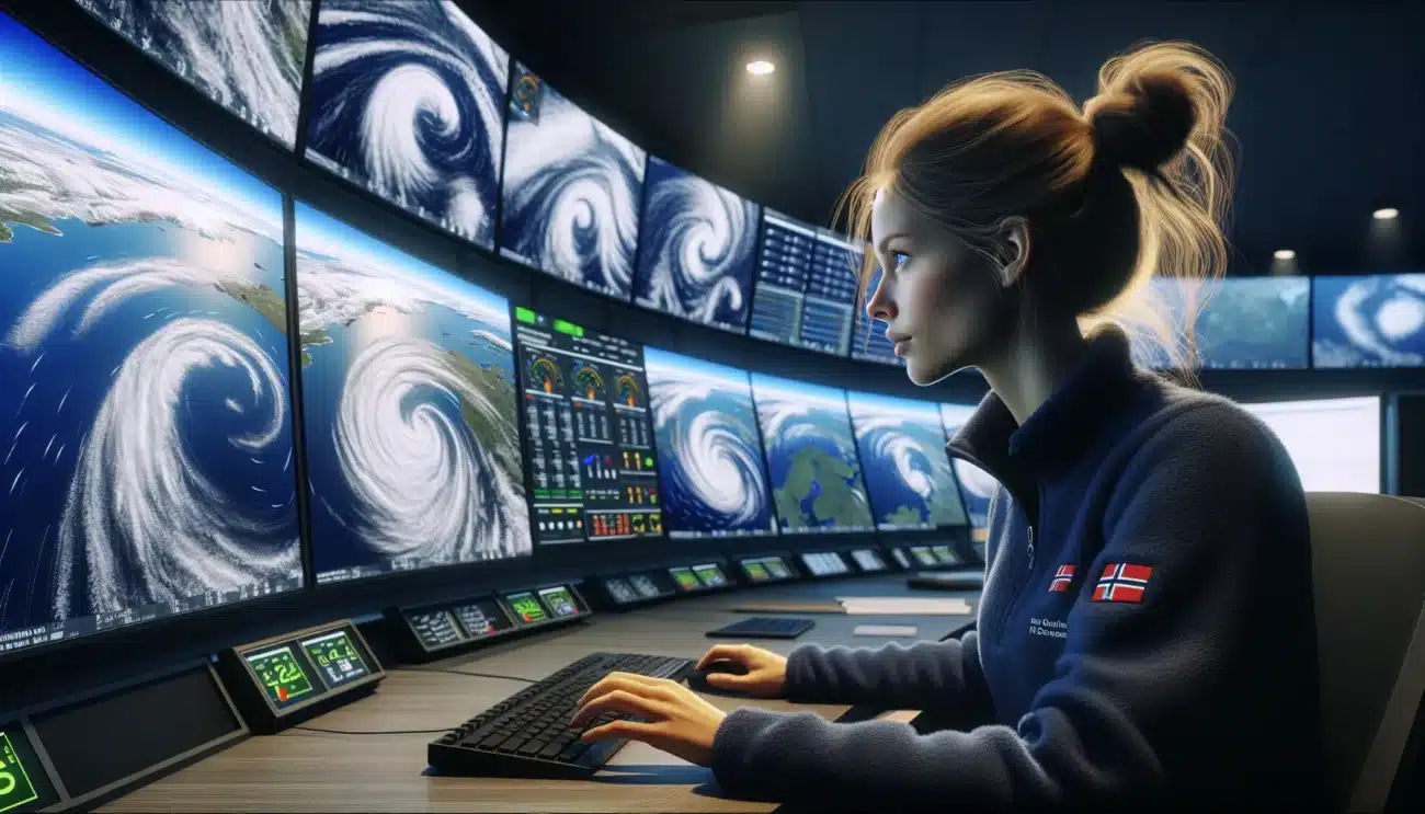 Meteorologists in norway analyzing real time satellite images of an approaching storm