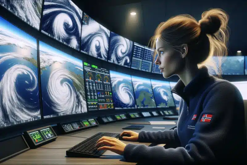 Meteorologists in norway analyzing real time satellite images of an approaching storm