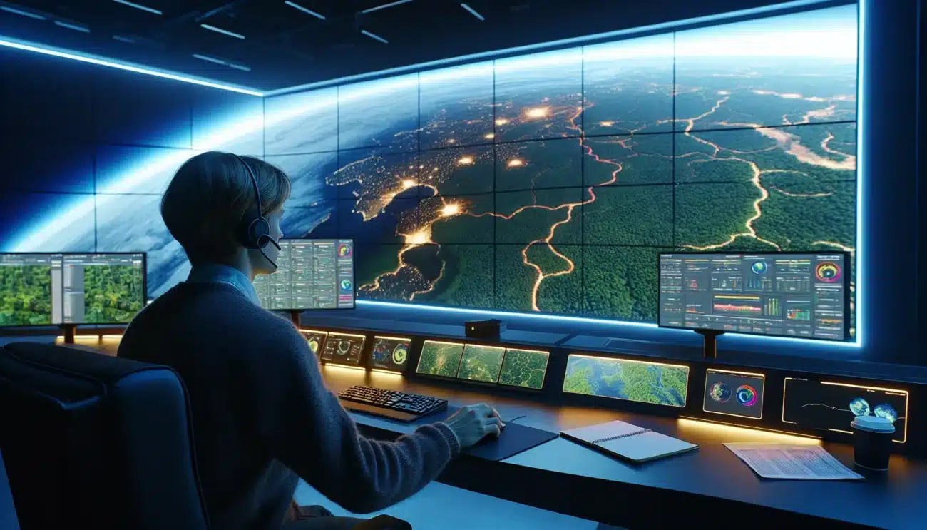 Norwegian analyst reviews satellite images of rainforest to track illegal logging