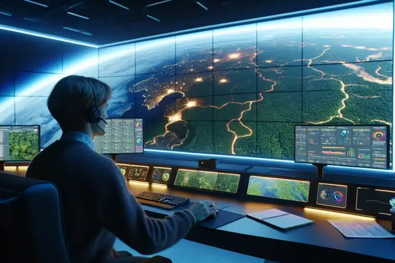 Norwegian analyst reviews satellite images of rainforest to track illegal logging