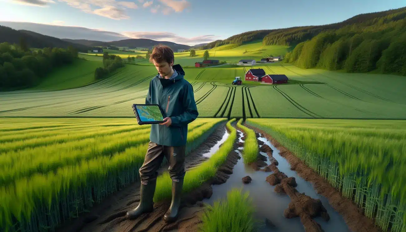 Norwegian farmer using tablet with satellite soil health map in green grain field