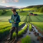 Norwegian farmer using tablet with satellite soil health map in green grain field