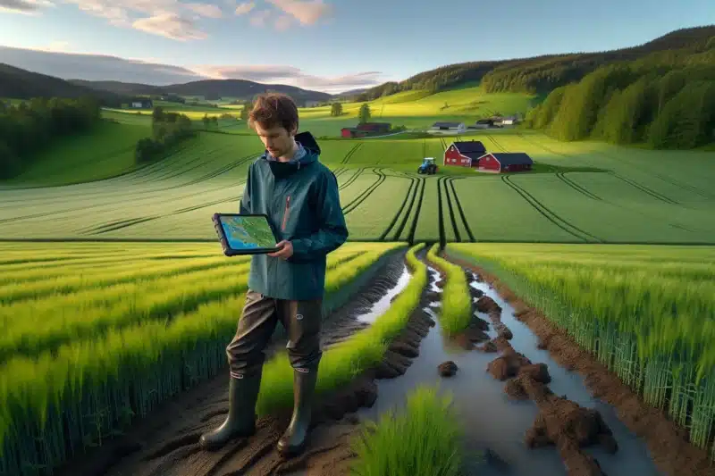 Norwegian farmer using tablet with satellite soil health map in green grain field