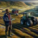 Norwegian mountain farmer uses satellite based field map on tablet in steep pastures