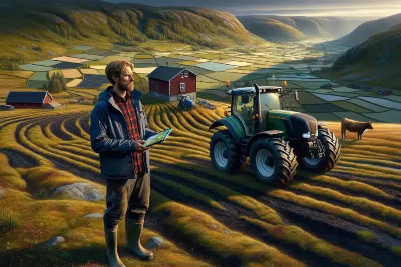 Norwegian mountain farmer uses satellite based field map on tablet in steep pastures