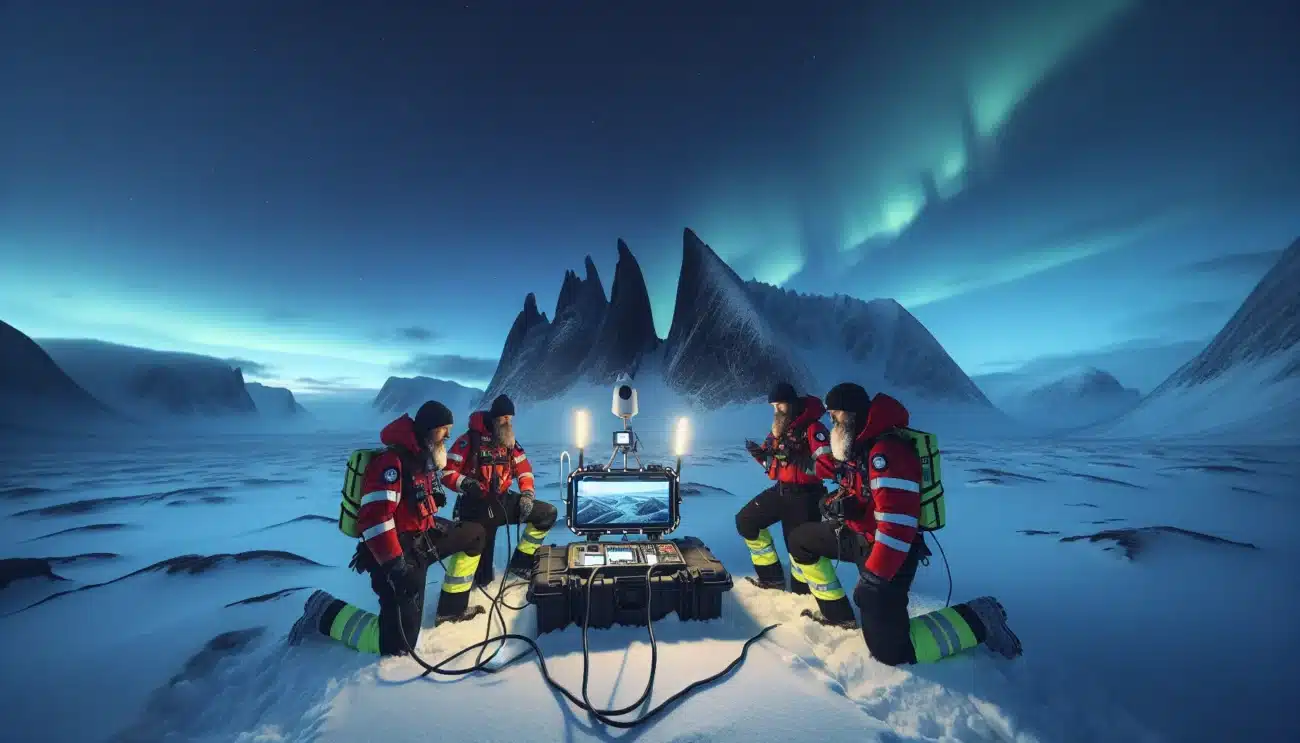 Norwegian rescue team using a satellite terminal for real time communication in snowy mountains