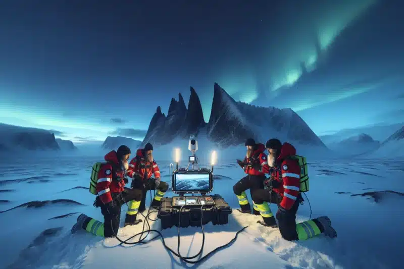Norwegian rescue team using a satellite terminal for real time communication in snowy mountains