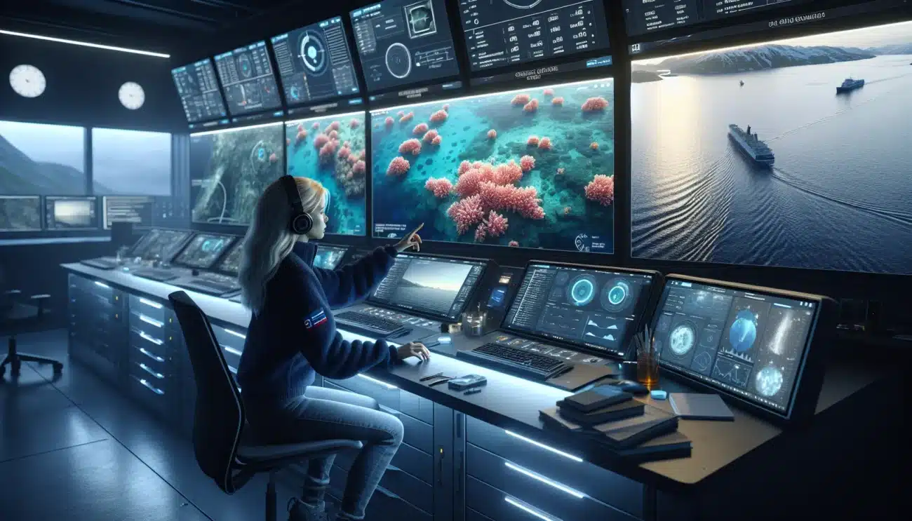 Norwegian researcher analyzing satellite data of tropical coral reefs on large screens