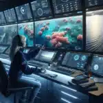 Norwegian researcher analyzing satellite data of tropical coral reefs on large screens