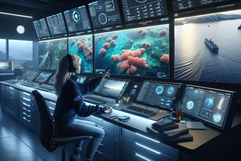 Norwegian researcher analyzing satellite data of tropical coral reefs on large screens