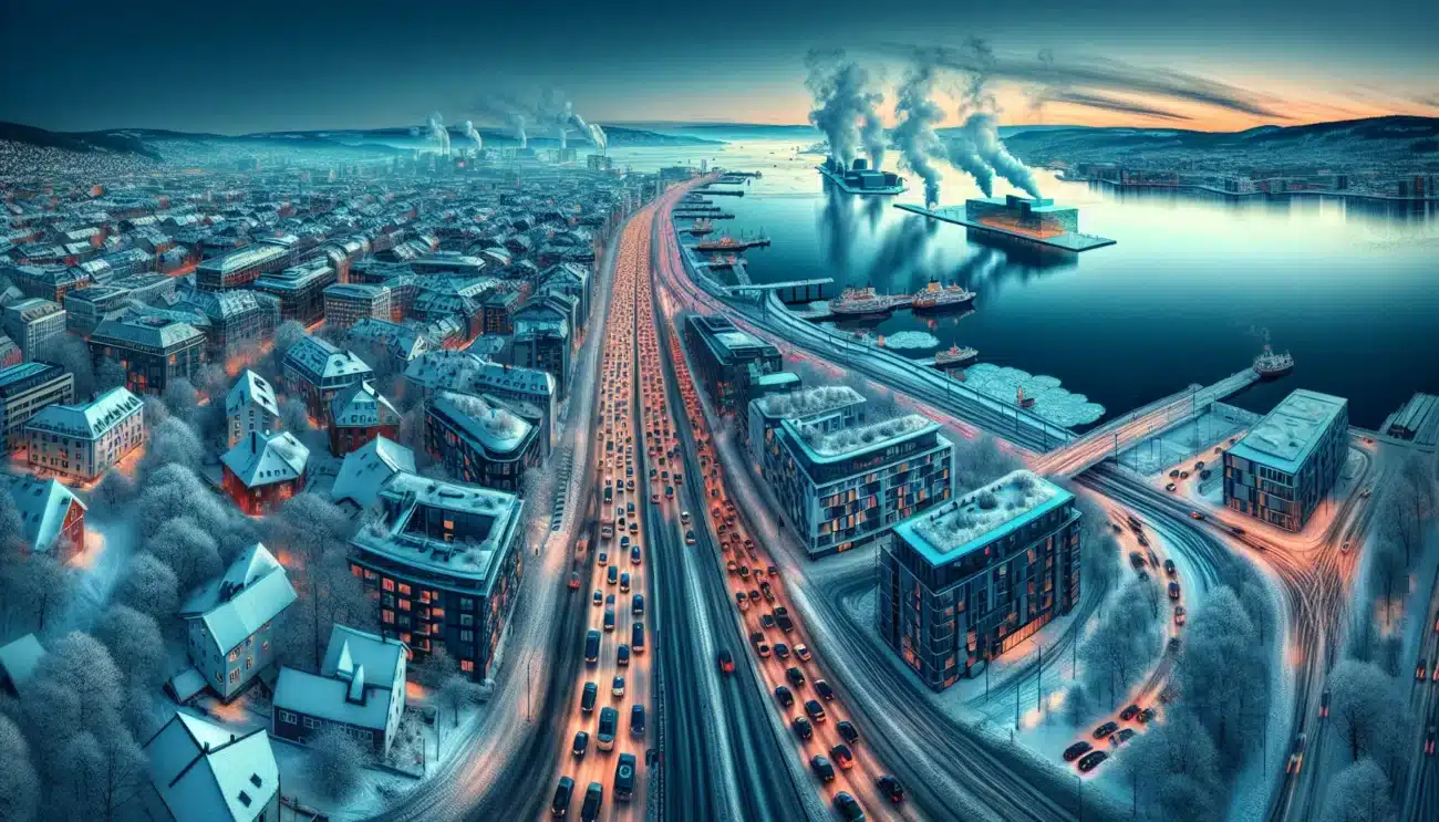 Oslo winter cityscape with traffic chimney smoke and satellite air quality heatmap overlay