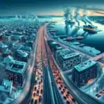 Oslo winter cityscape with traffic chimney smoke and satellite air quality heatmap overlay