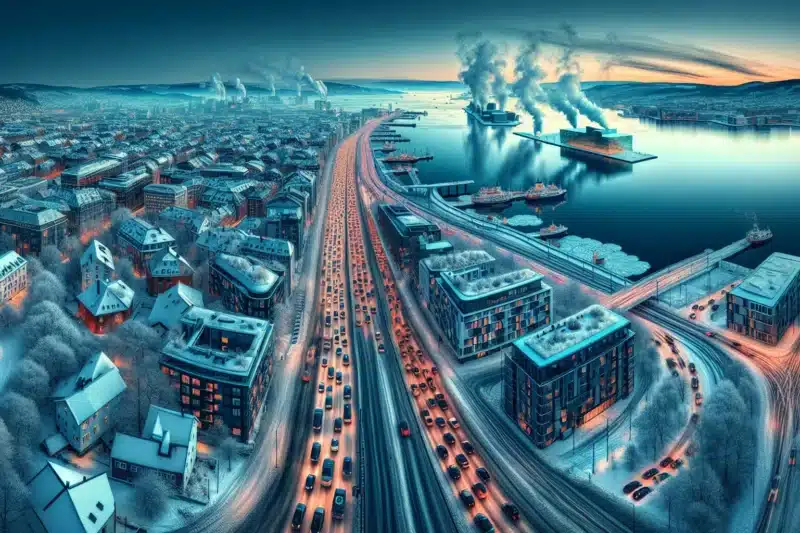 Oslo winter cityscape with traffic chimney smoke and satellite air quality heatmap overlay