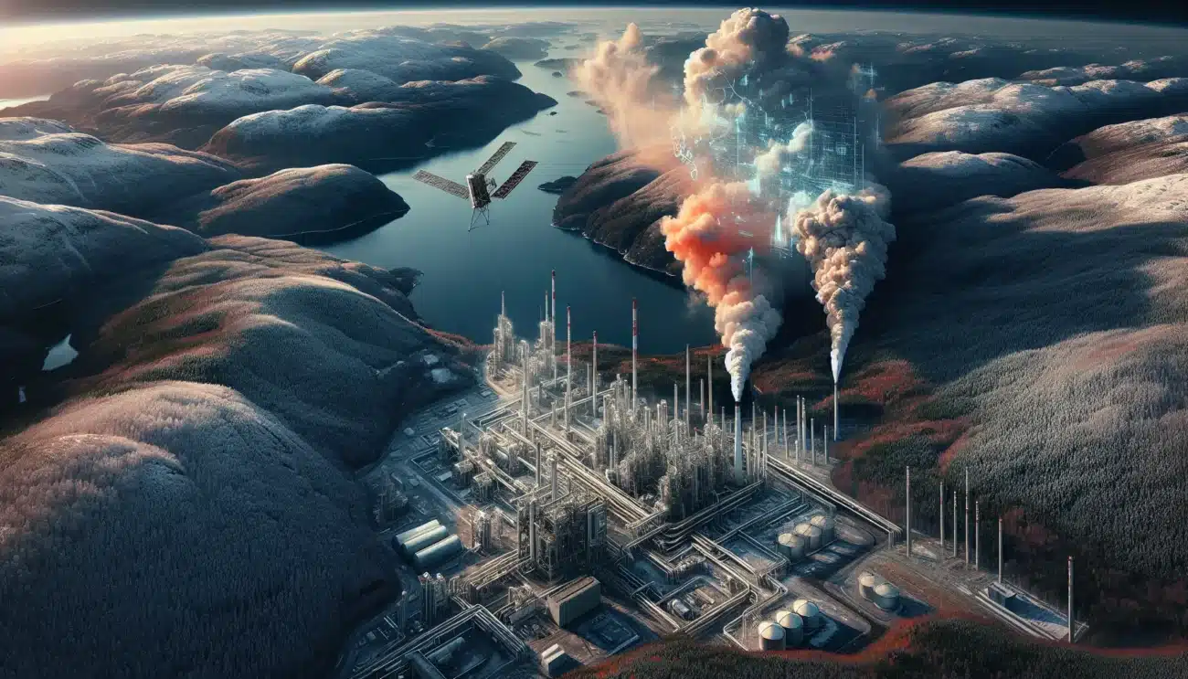 Satellite in orbit measuring co2 plume from norwegian industrial plant by a fjord