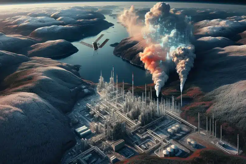 Satellite in orbit measuring co2 plume from norwegian industrial plant by a fjord