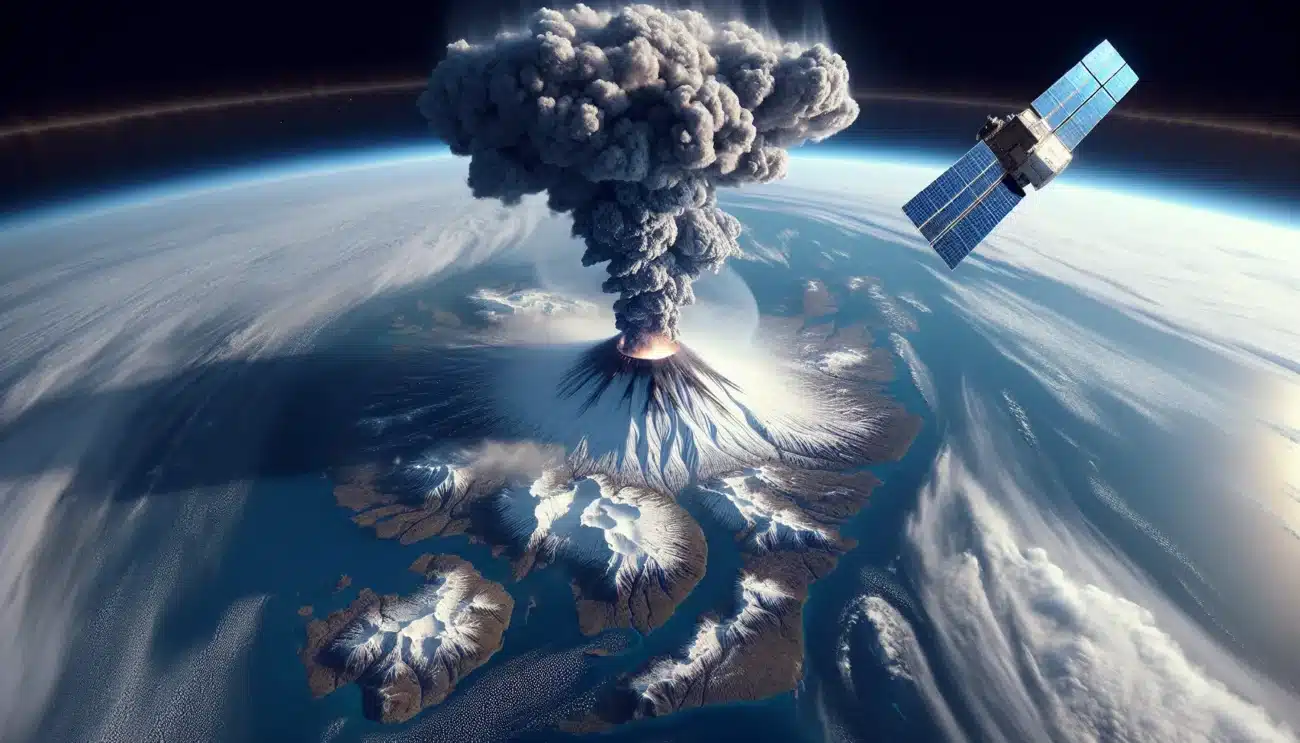 Satellite in orbit observing volcanic ash plume drifting toward norway