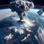 Satellite in orbit observing volcanic ash plume drifting toward norway