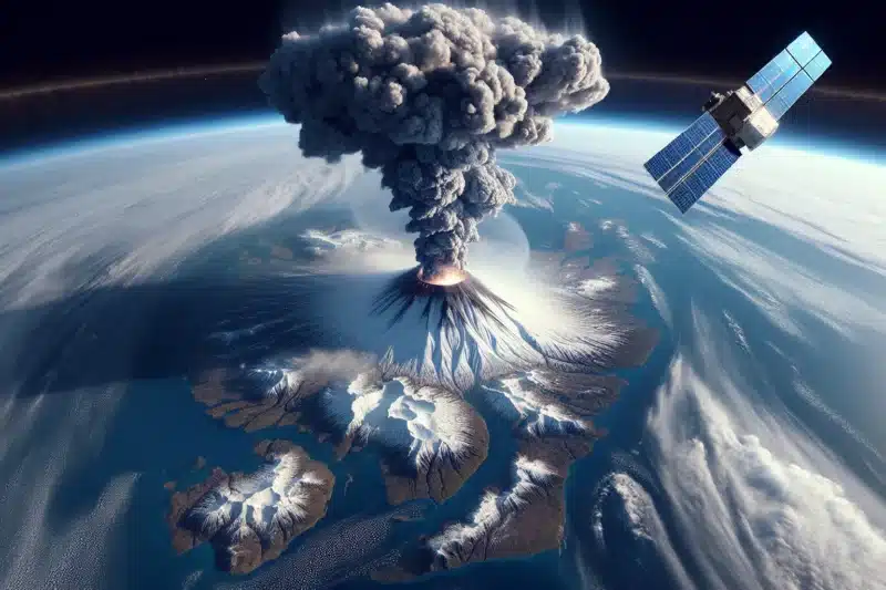 Satellite in orbit observing volcanic ash plume drifting toward norway