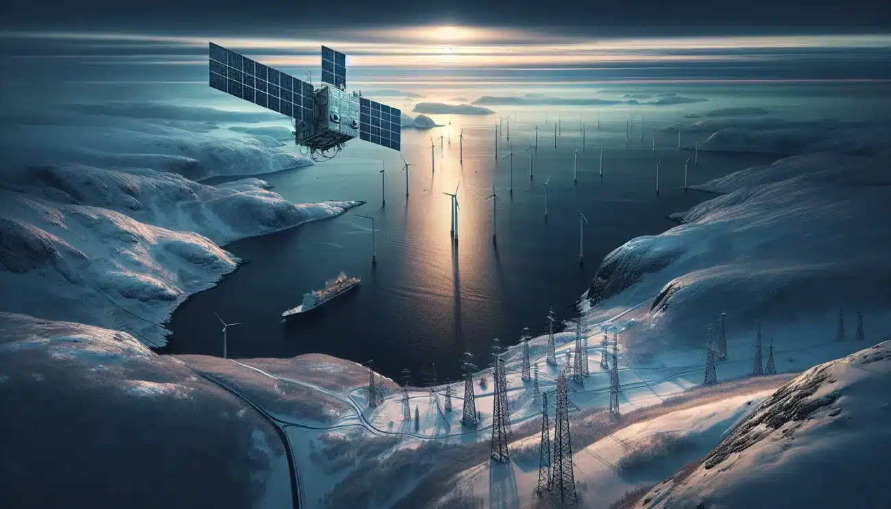 Satellite monitoring norwegian power lines and offshore wind farm along a winter coastline