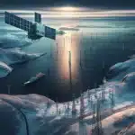 Satellite monitoring norwegian power lines and offshore wind farm along a winter coastline