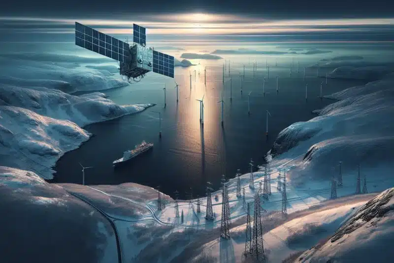 Satellite monitoring norwegian power lines and offshore wind farm along a winter coastline
