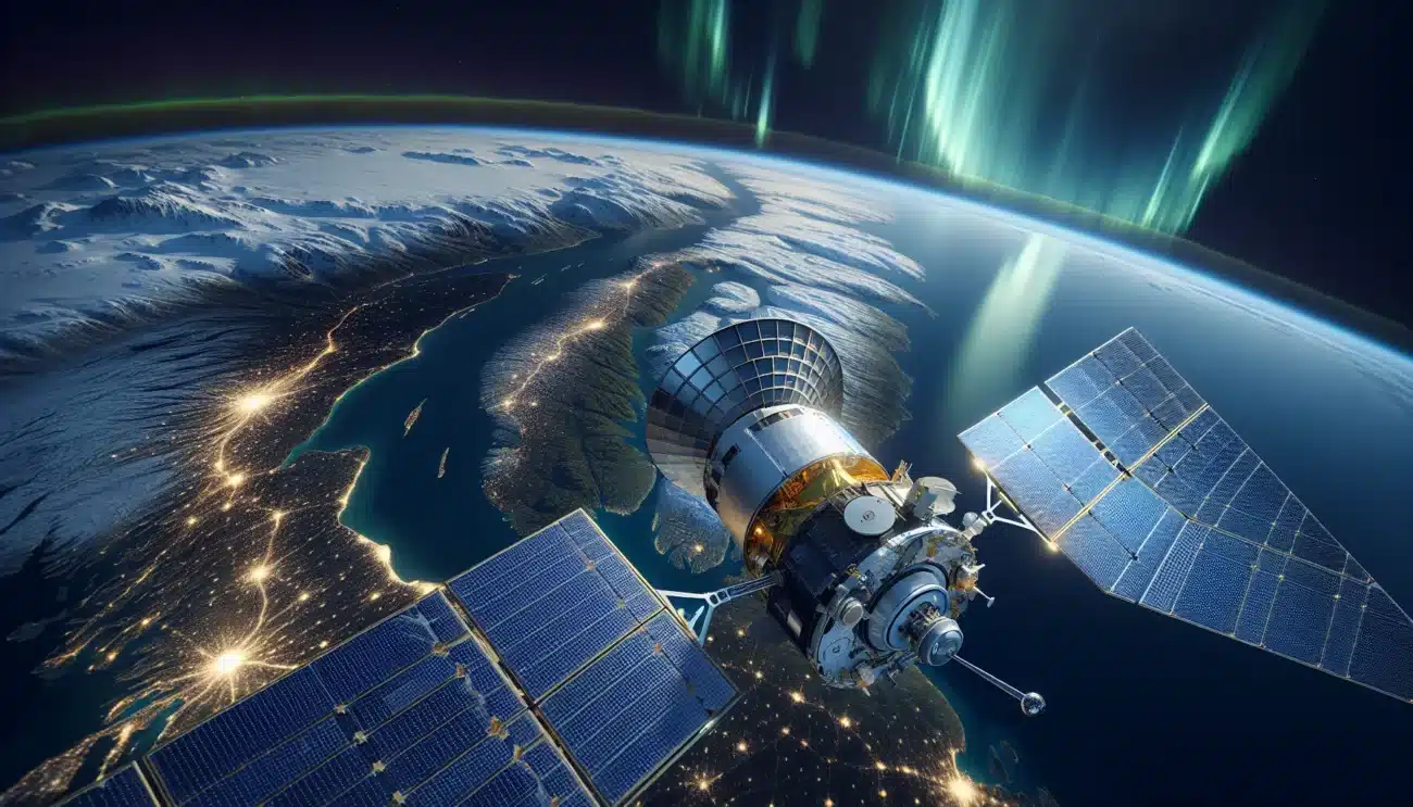Satellite over norway tracking space debris above earth with aurora and radar