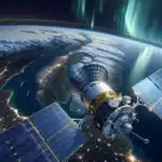 Satellite over norway tracking space debris above earth with aurora and radar