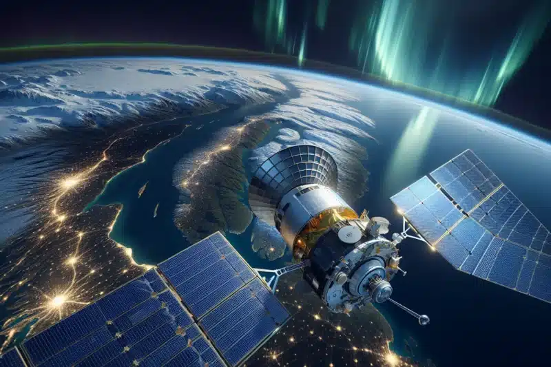 Satellite over norway tracking space debris above earth with aurora and radar