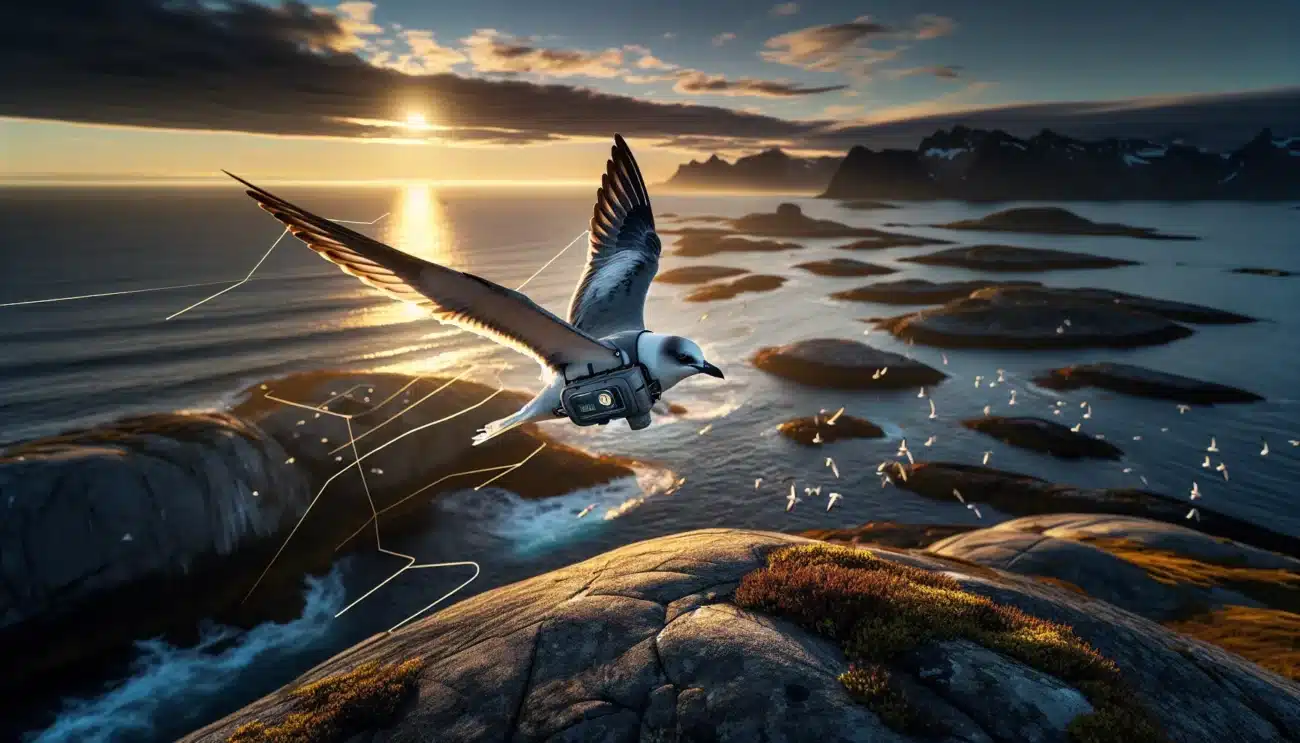 Seabird with gps tag flying along norwegian coast under tracking satellite at sunrise