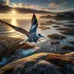 Seabird with gps tag flying along norwegian coast under tracking satellite at sunrise