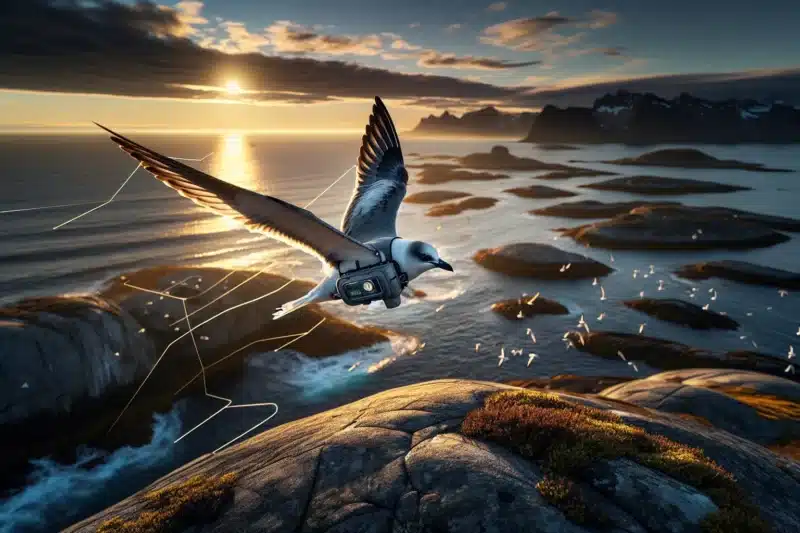 Seabird with gps tag flying along norwegian coast under tracking satellite at sunrise