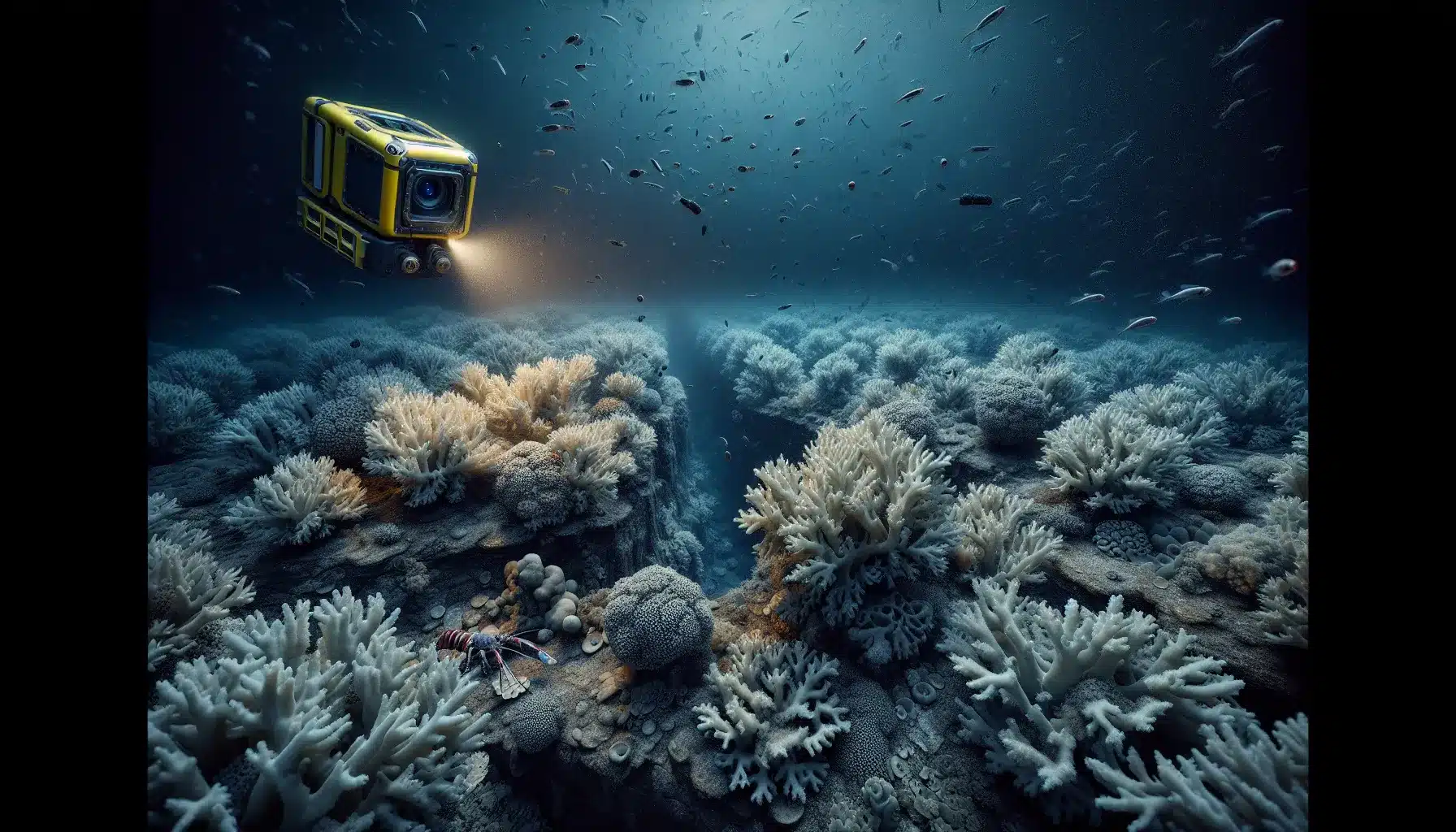 Underwater robot inspects damaged cold-water coral reef on a dark seabed.