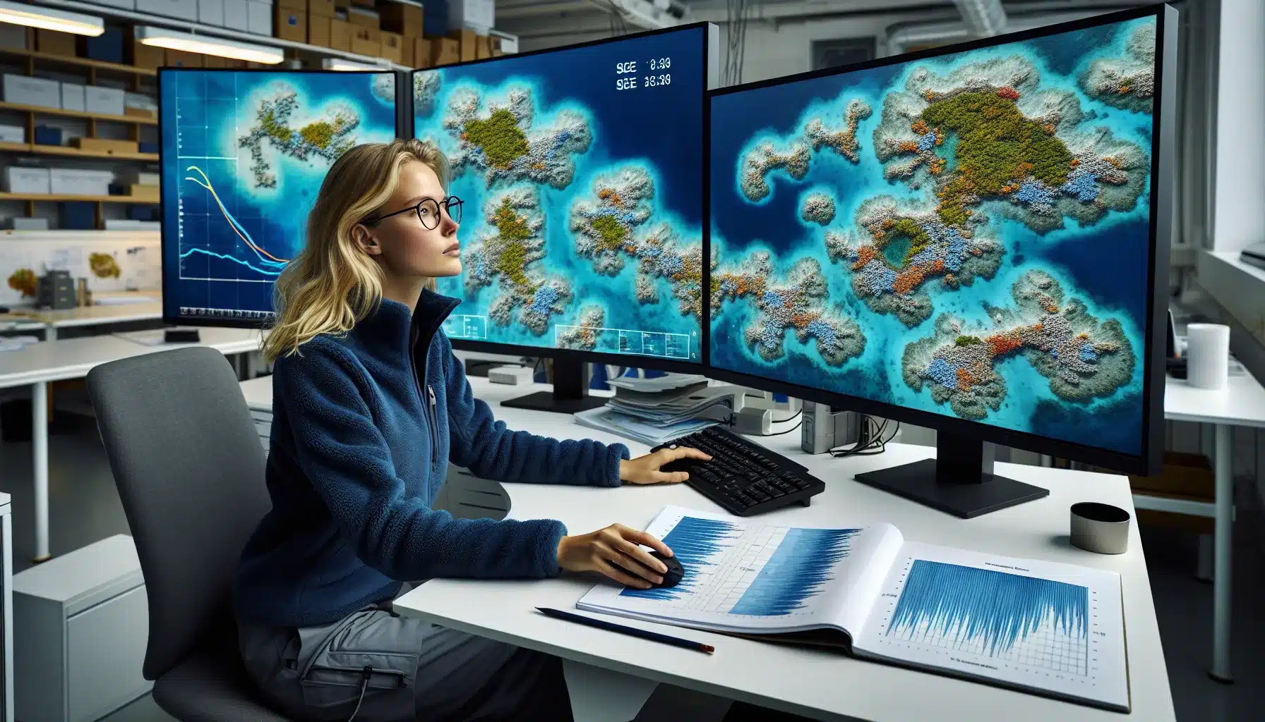 Norwegian marine scientist analyzing satellite images of global coral reefs in a lab.