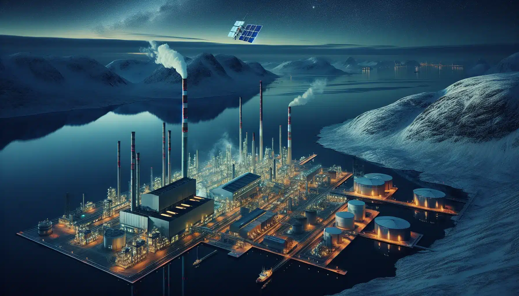 Satellite over norwegian industrial plant by fjord, monitoring visible emission plumes.
