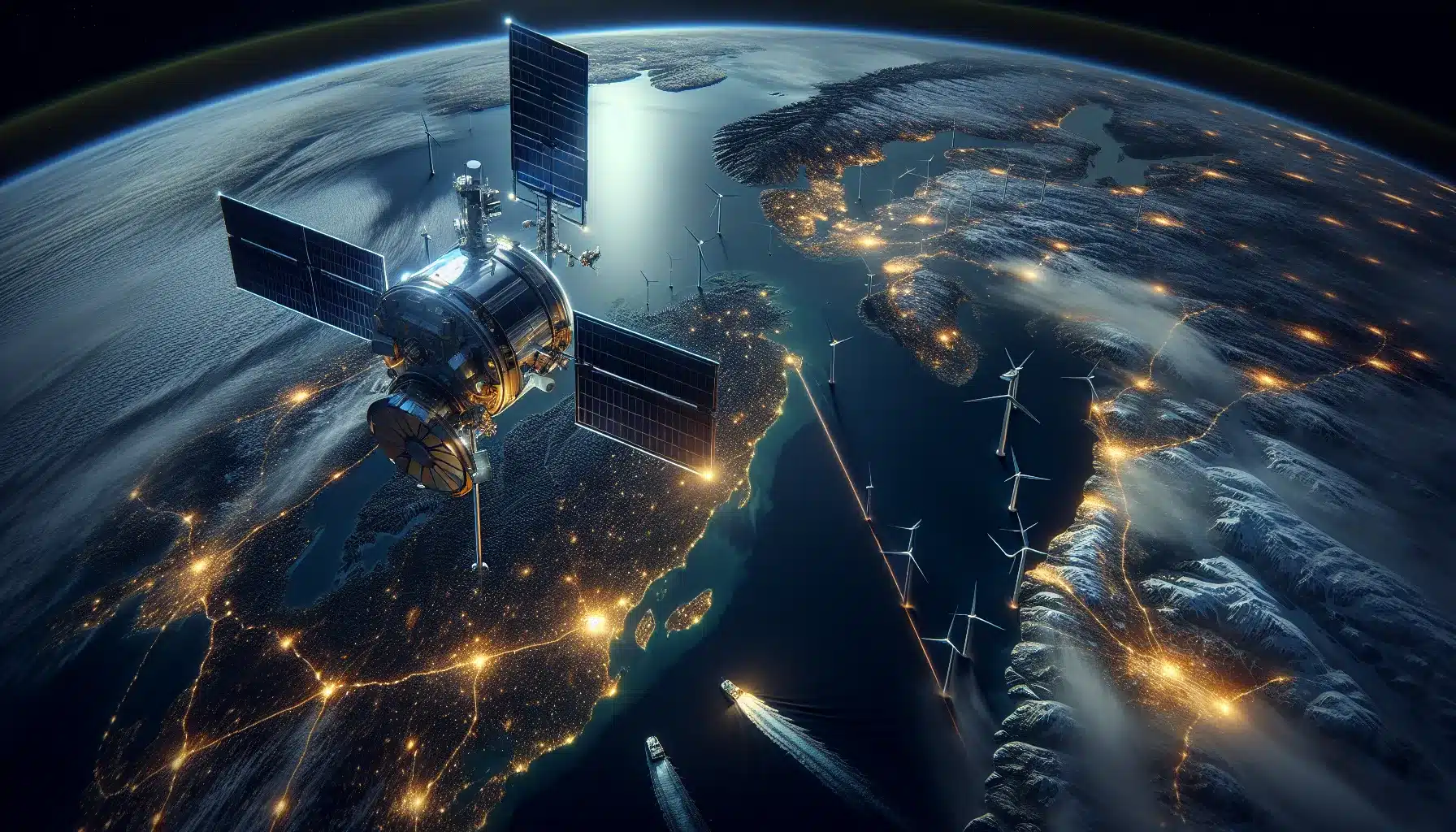 Satellittbasert overvåking av energiinfrastruktur for å forhindre strømbrudd 2 Satellite over northern norway monitoring offshore energy infrastructure in winter night.