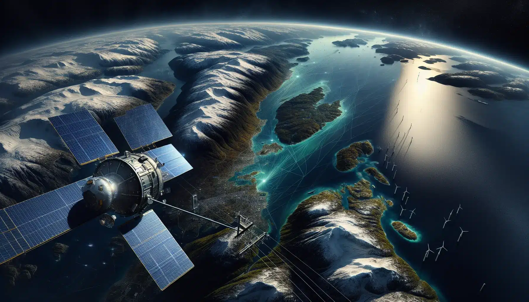 Satellittbasert overvåking av energiinfrastruktur for å forhindre strømbrudd 3 Satellite over norway’s coast monitoring power lines and offshore energy infrastructure.